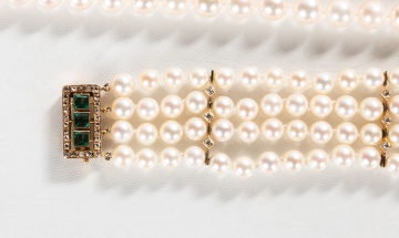 Cultured Pearl Necklaces & Four-Strand Cultured Pearl, Emerald, & Diamond Bracelet