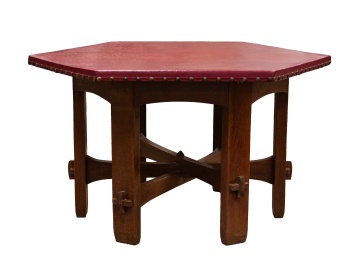 Gustav Stickley Leather-Top Hexagonal Table