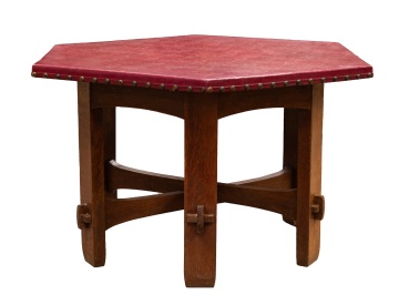 Gustav Stickley Leather-Top Hexagonal Table