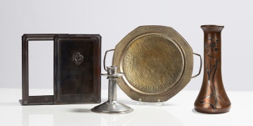 Roycroft Bookends & Octagonal Tray, Liberty & Co. Candlestick, & Heintz Silvercrest Vase