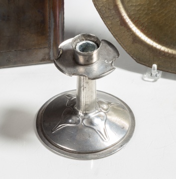 Roycroft Bookends & Octagonal Tray, Liberty & Co. Candlestick, & Heintz Silvercrest Vase