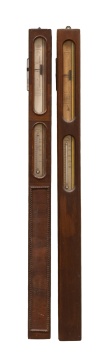 Pair of Simmons, Fulton, NY Mahogany Barometers