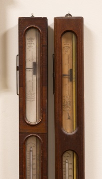 Pair of Simmons, Fulton, NY Mahogany Barometers