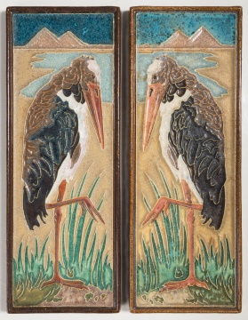 Two Dutch Royal Delft Polychrome Cloisonne Marabou (Egyptian Stork) Tiles