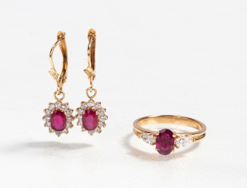 14K Gold, Ruby, & Diamond Ring and Earrings