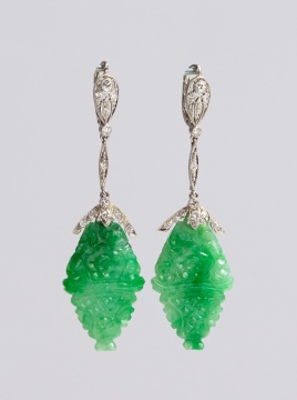 Pair of Platinum, Jade, & Diamond Earrings