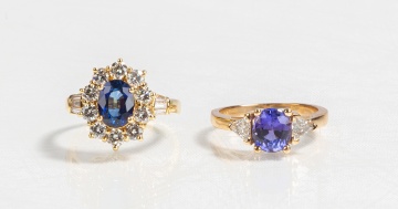 Two 14K Gold, Sapphire / Tanzanite, & Diamond Rings