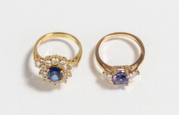 Two 14K Gold, Sapphire / Tanzanite, & Diamond Rings