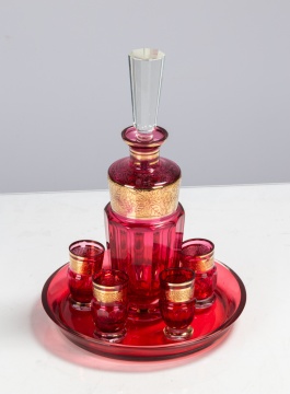 Moser Crystal Cranberry & Gilt Enamel Decanter & Cordial Set