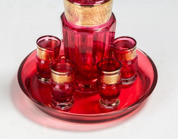Moser Crystal Cranberry & Gilt Enamel Decanter & Cordial Set