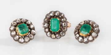Georgian Emerald & Rose Cut Diamond Cluster Ring & Earrings