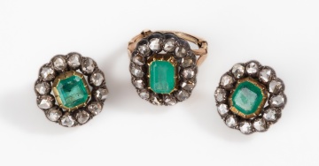Georgian Emerald & Rose Cut Diamond Cluster Ring & Earrings