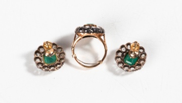 Georgian Emerald & Rose Cut Diamond Cluster Ring & Earrings