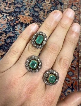 Georgian Emerald & Rose Cut Diamond Cluster Ring & Earrings