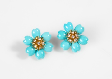 Rose de Noel style, 18K Gold, Turquoise & Diamond Earrings