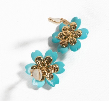 Rose de Noel style, 18K Gold, Turquoise & Diamond Earrings