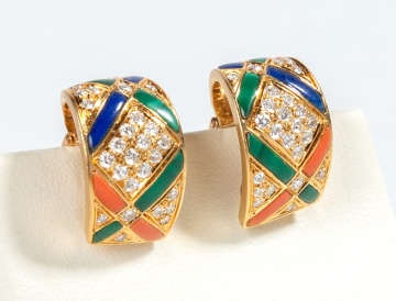 Van Cleef & Arpels Gold, Diamond, Lapis Lazuli, Malachite, & Coral Earclips