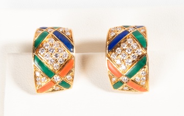 Van Cleef & Arpels Gold, Diamond, Lapis Lazuli, Malachite, & Coral Earclips