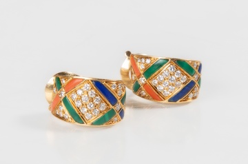 Van Cleef & Arpels Gold, Diamond, Lapis Lazuli, Malachite, & Coral Earclips