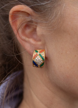 Van Cleef & Arpels Gold, Diamond, Lapis Lazuli, Malachite, & Coral Earclips