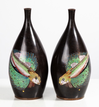 Pair of French Cloisonne Butterfly Fish Bottle Vases