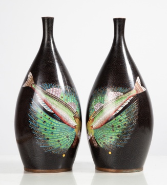 Pair of French Cloisonne Butterfly Fish Bottle Vases