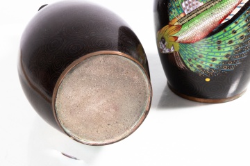 Pair of French Cloisonne Butterfly Fish Bottle Vases