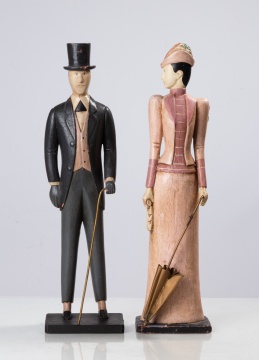 Carved & Painted Wood Sculptures of a Lady & Gentleman