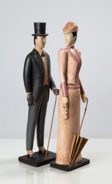 Carved & Painted Wood Sculptures of a Lady & Gentleman