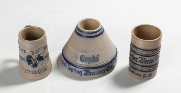 Whites, Utica Stoneware Match Safe & Mugs "Crystal Spring Brewing Co. Syracuse, NY."