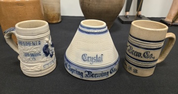 Whites, Utica Stoneware Match Safe & Mugs "Crystal Spring Brewing Co. Syracuse, NY."