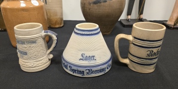 Whites, Utica Stoneware Match Safe & Mugs "Crystal Spring Brewing Co. Syracuse, NY."