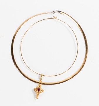 18K Gold Necklace with Garnet Crucifix & 14K Gold Necklace