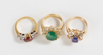 Three Ladies' Emerald, Tourmaline and Diamond Rings