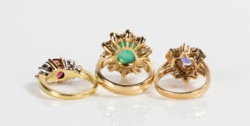 Three Ladies' Emerald, Tourmaline and Diamond Rings