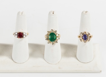 Three Ladies' Emerald, Tourmaline and Diamond Rings
