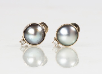 18K Gold, Diamond, & Gray Mabe Pearl Earrings