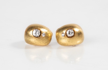 Italian Hammered 18K Gold & Diamond Earrings
