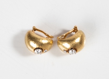 Italian Hammered 18K Gold & Diamond Earrings