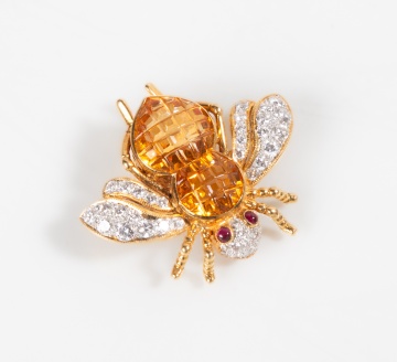 18K Gold, Citrine, Ruby, & Diamond Honey Bee Brooch