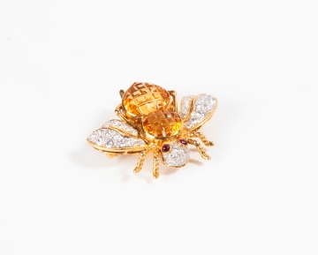 18K Gold, Citrine, Ruby, & Diamond Honey Bee Brooch