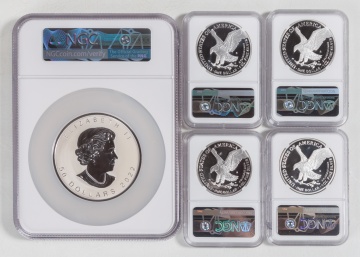 (4) 2021 American $1 Silver Eagle Coins & 2022 Canadian $50 Maple Leaf