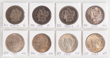 Eight Morgan & Liberty Silver Dollars