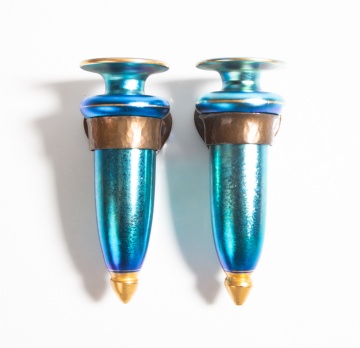 Pair of Steuben Blue Aurene Limousine Vases / Wall Pockets