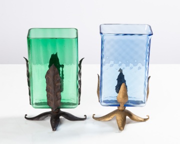 Steuben Pomona Green & French Blue Art Nouveau Vases