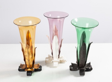 Three Steuben Amber, Amethyst, & Pomona Green Trumpet Vases