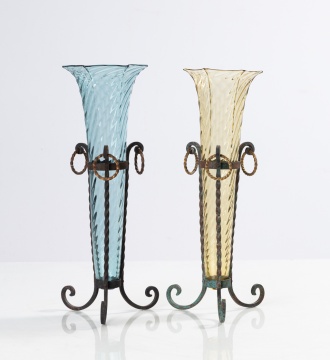Steuben French Blue & Olive Green Optic Swirl Vases