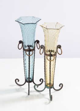 Steuben French Blue & Olive Green Optic Swirl Vases