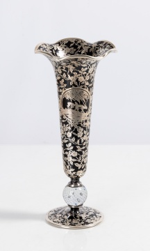 Rockwell Sterling Silver Overlay Pairpoint Black Glass Vase