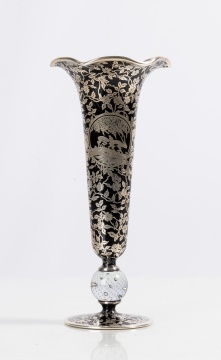 Rockwell Sterling Silver Overlay Pairpoint Black Glass Vase